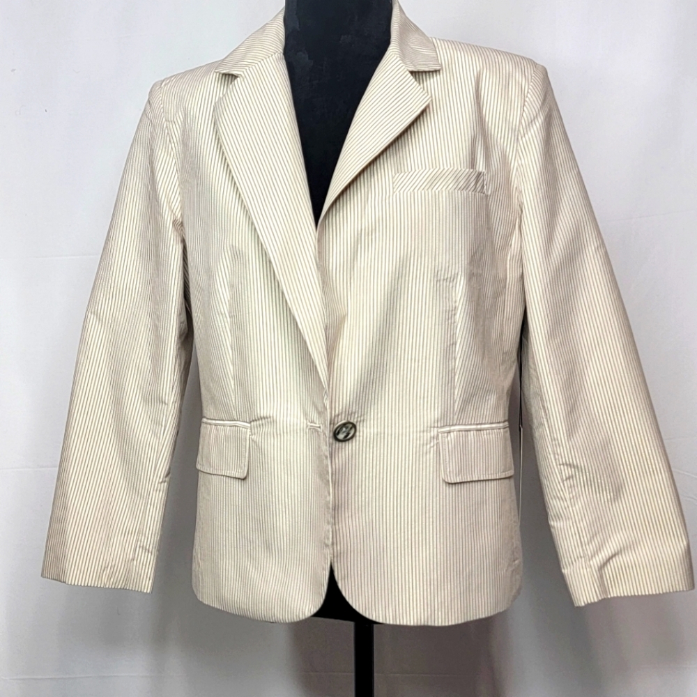 Willi Smith Tan Summer Blazer with Intertwined Gold Thread Stripes Size 12. #289